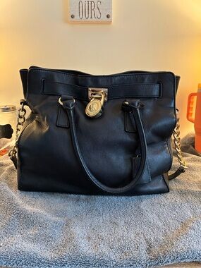 Michael Kors Black Leather Tote with Gold-Tone Lock